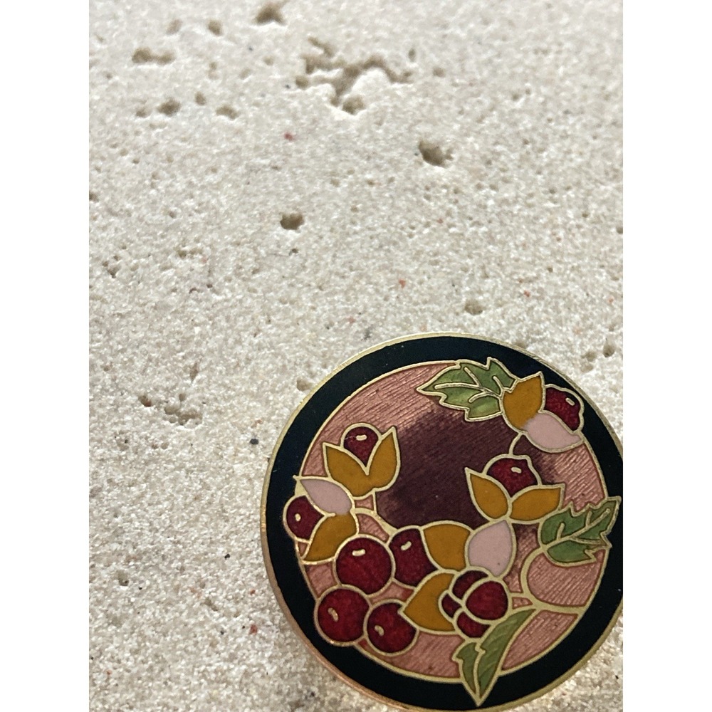 Round Enamel Brooch Cloisonne Style Berry Flower Black Border Small Romantic - Picture 3 of 6